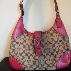 Coach Shoulder Bag, Pink Leather And Signature Canvas, Magnetic Strap And Zipper